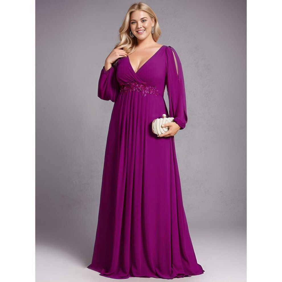 (fuchsia, 5XL) Ever-pretty Women&apos;s V-neck A-line Chiffon Plus Size Evening Dresses With Long Lantern Sleeves