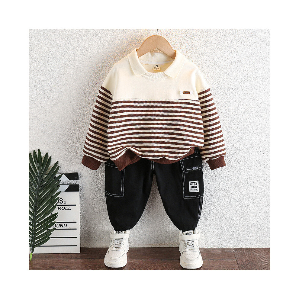 (Beige Top Black Pants,110cm)Charmant garçon automne vêtement avec polo rayé coton doux et pantalon noir tendance pour enfant confortable mode