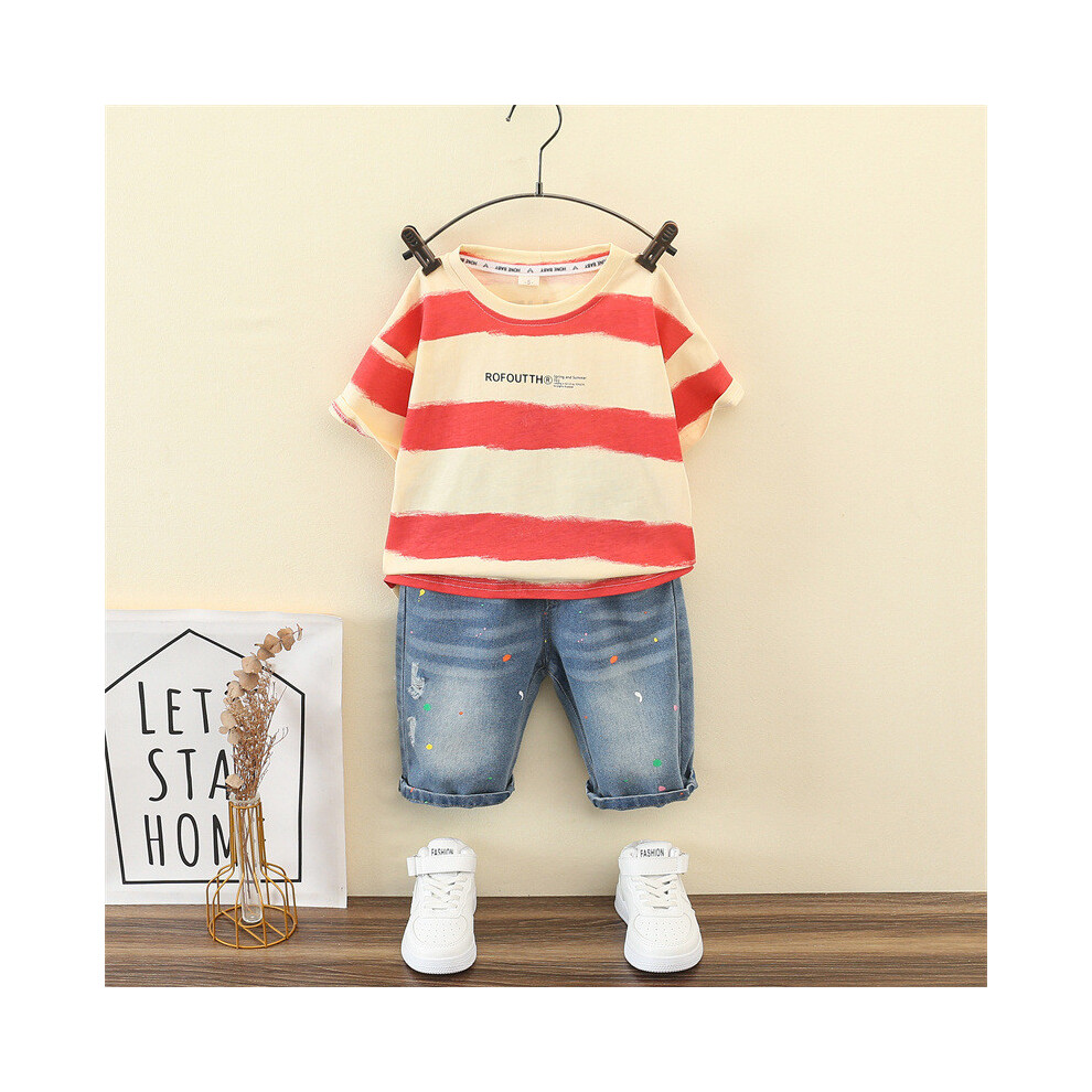 (Red,90cm)Ensemble tenue d'été cool garçon avec haut rayé manches courtes en coton doux et short décontracté en denim