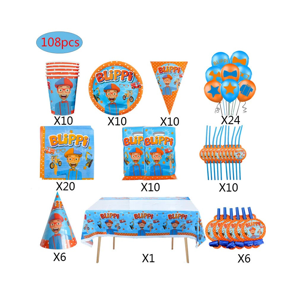 (108pcs, Other) Blippiings Birthday Party Decorations Disposable Tableware Set Plates Tablecloth Cake Topper Balloons for Baby Shower Kids Gift