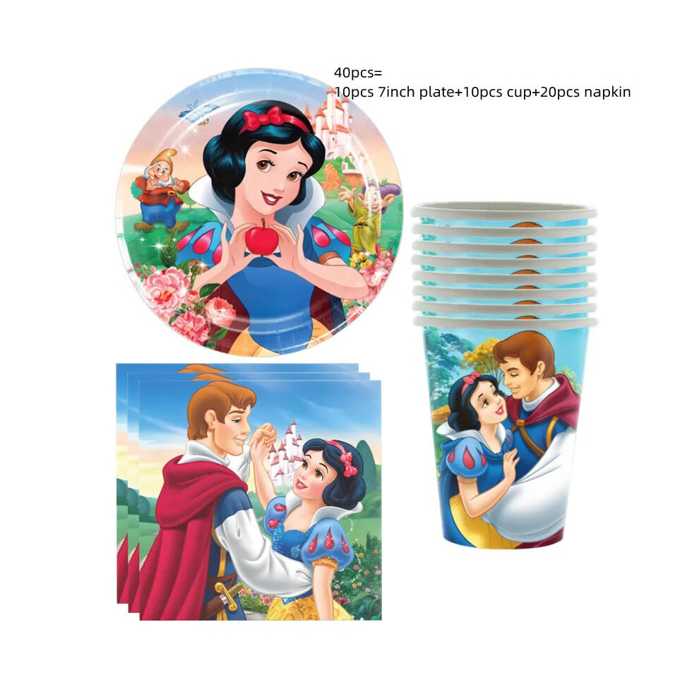 (Set 40pcs) Disney Princess Snow White Birthday Party Decorations Supplies Disposable Tableware Sets Girl Party Cups Plates Tablecloth Deco