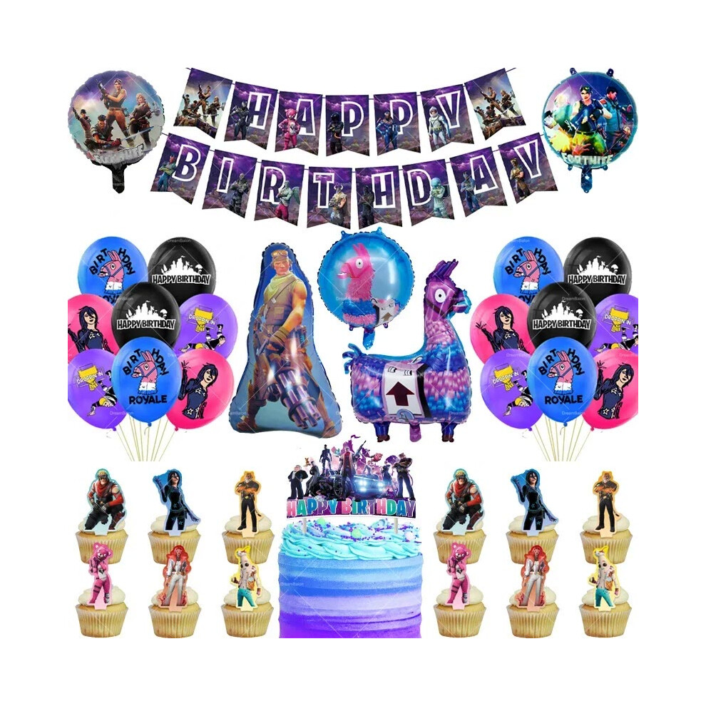 (1set-1, Other) Fortnite Balloons Happy Birthday Banner Party Decoration Alpaca Llama Disposable Tableware Shooting Game Ballons Cake Topper To
