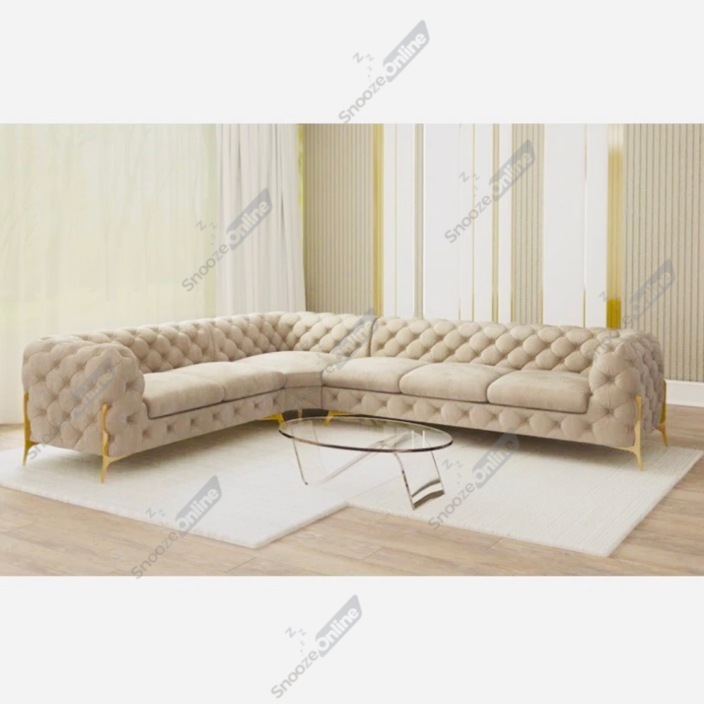 (Cream Velvet, 4 Seater Corner Right Hand) SnoozeOnline Velvet Corner Sofa Chesterfield 4/5/6 Seater Corner Settee Chaise Lounge Couch Sofa For Living