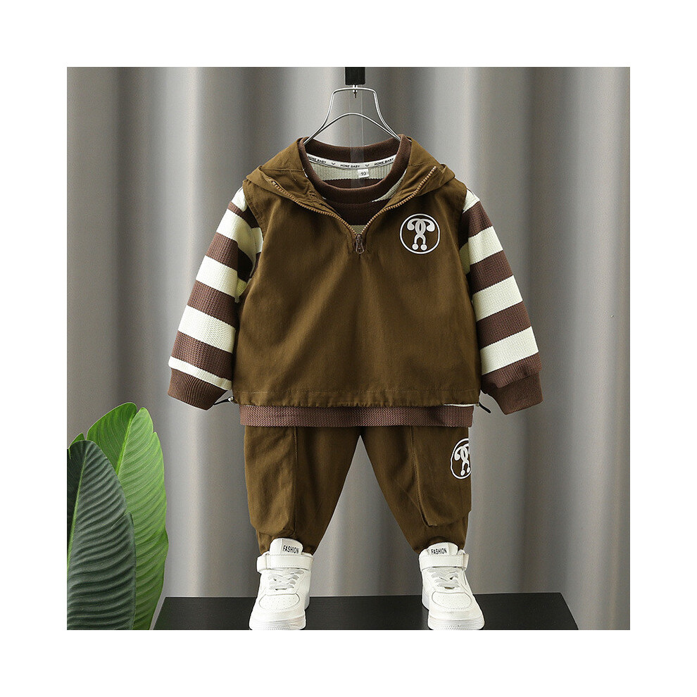 (Brown,90cm)Ensemble trois pièces chic printemps et automne garçon avec pantalon long sweat à capuche et gilet pour 3 à 8 ans