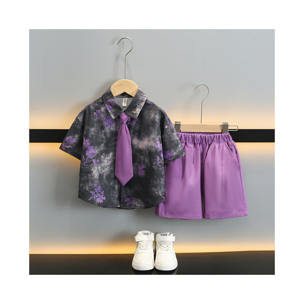 (StyleA)Charmante tenue été garçon avec cravate grise et violette à fleurs et chemise ensemble