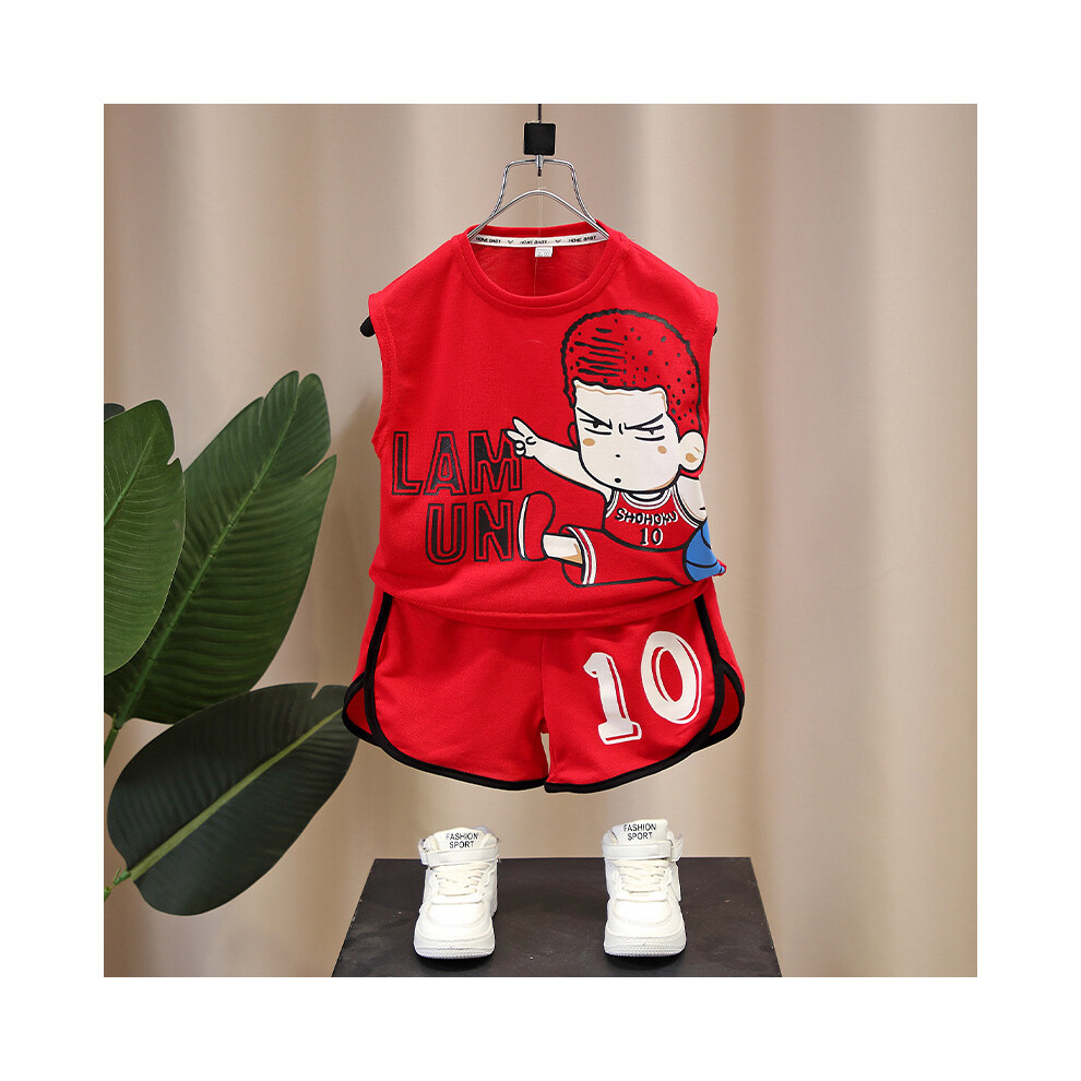 (Red,130cm)Vêtements de sport d'été vibrants pour garçons avec haut sans manches imprimé dessin animé et ensemble short léger