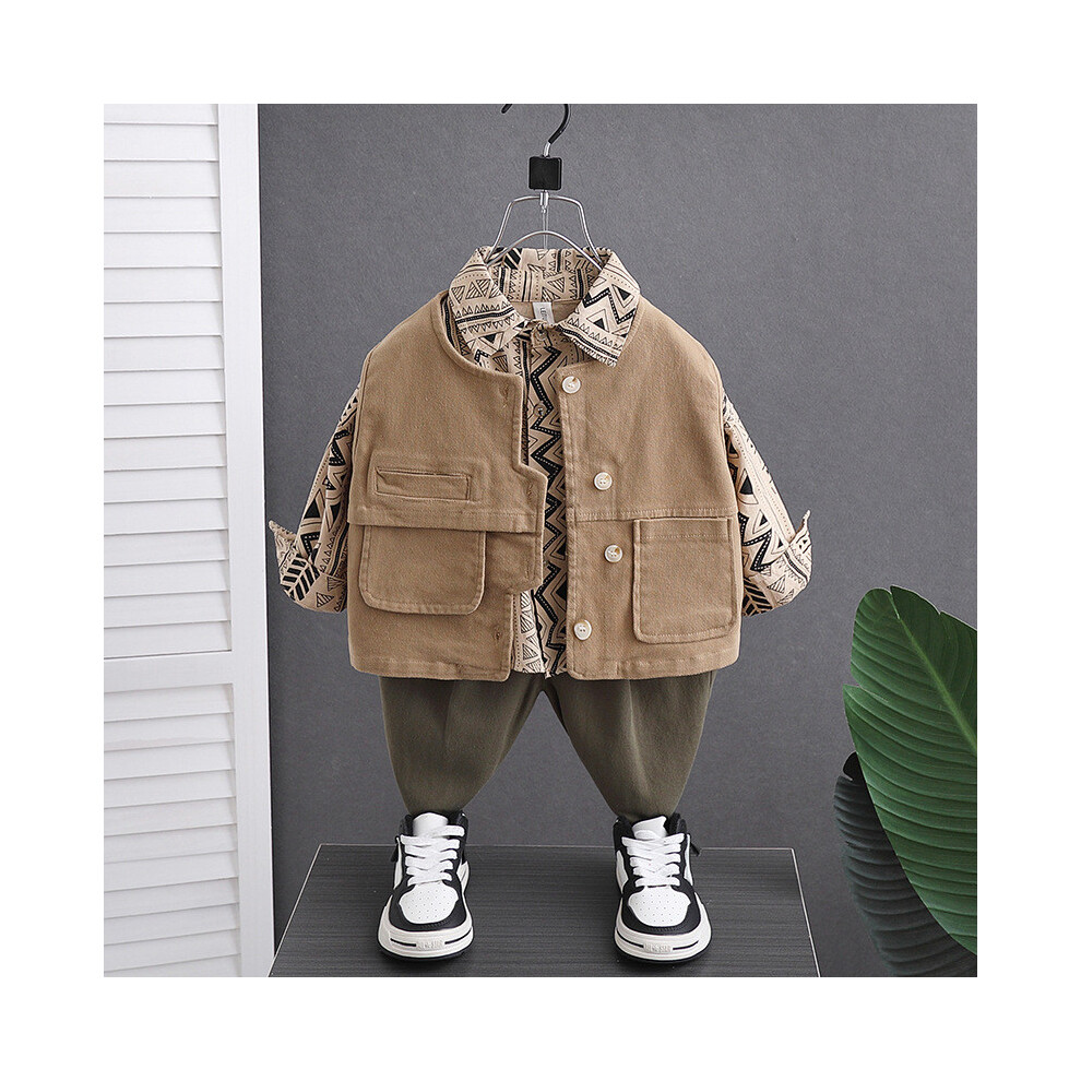 (StyleF)Ensemble de vêtements d'automne cool pour garçons avec gilet kaki élégant et pantalon long confortable