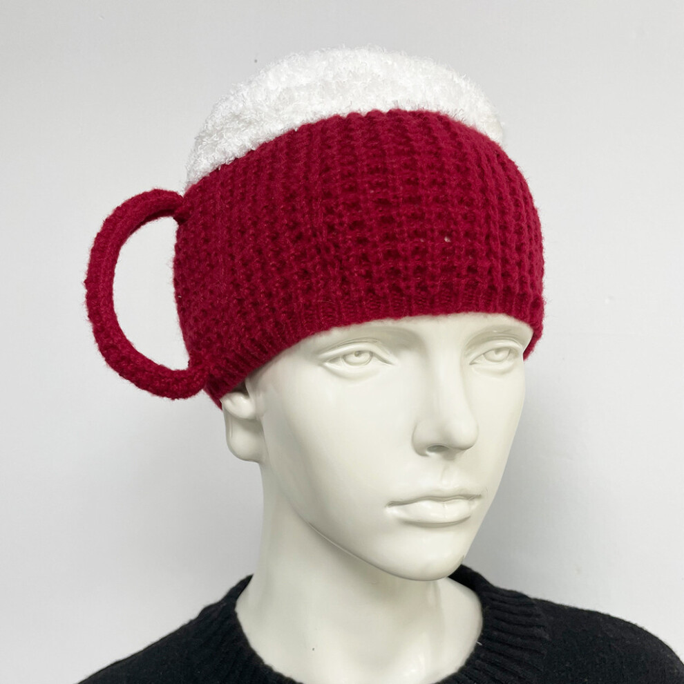 (Red)Chapeau peluche tricoté forme tasse à bière hiver bonnet chaud décoration tête intéressante
