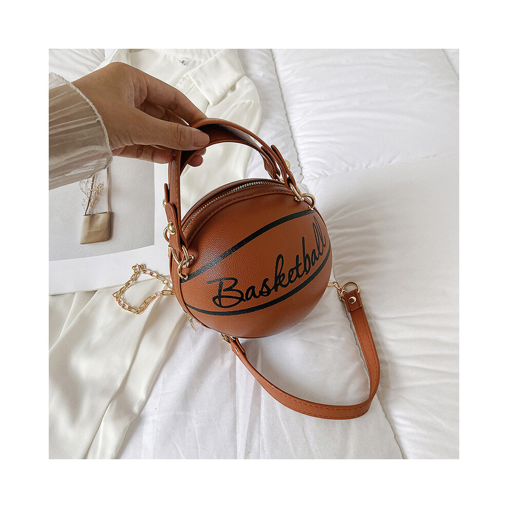 (Brown)Sac de basket-ball femme à la mode sac à bandoulière rond tendance avec fermeture éclair et matière PU douce à porter tous les jours