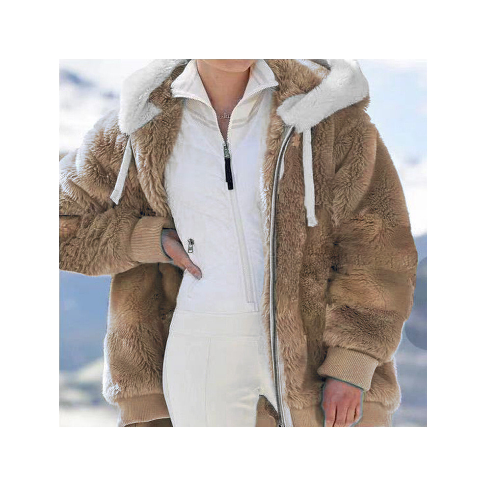 (Khaki,3XL)Manteau à capuche femme hiver chaud peluche veste fermeture éclair vêtements tenue unie couleur