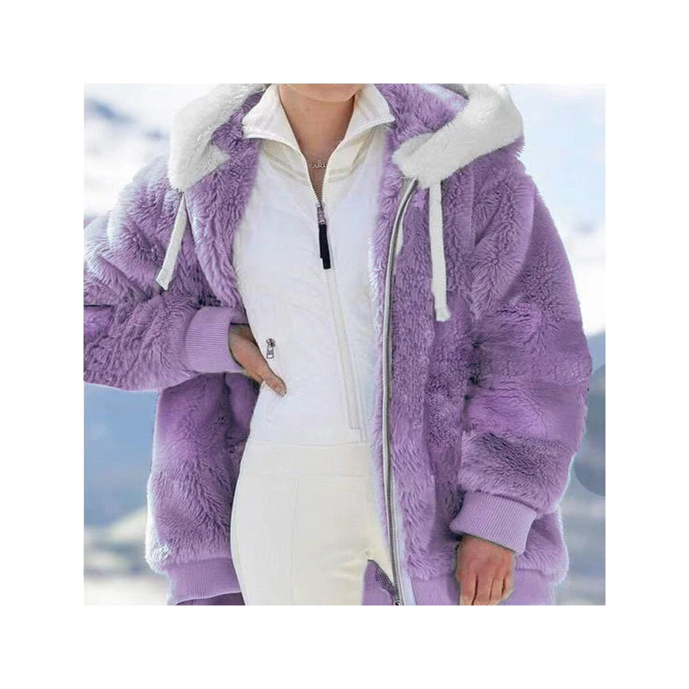 (Purple,3XL)Manteau à capuche femme hiver chaud peluche veste fermeture éclair vêtements tenue unie couleur