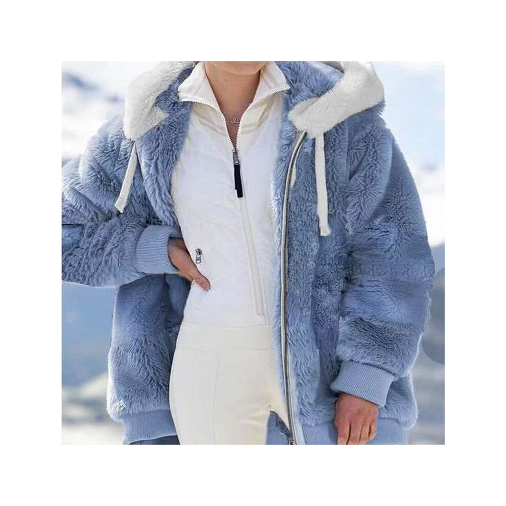 (Blue,M)Manteau à capuche femme hiver chaud peluche veste fermeture éclair vêtements couleur unie tenue