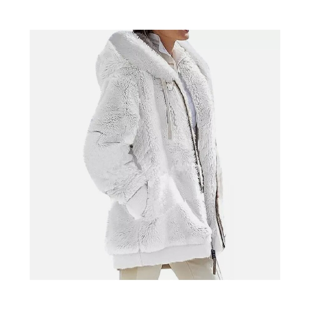 (White,5XL)Manteau à capuche femme hiver chaud peluche veste fermeture éclair vêtements tenue unie couleur