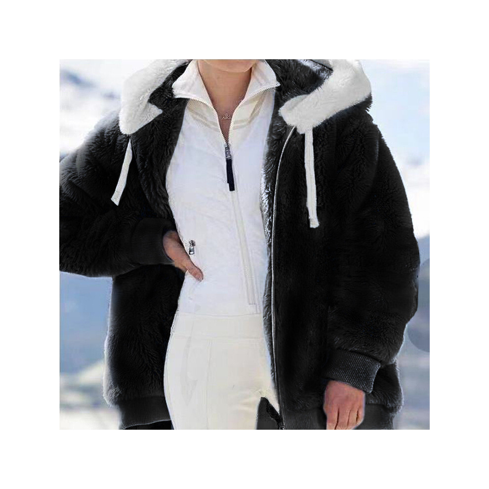 (Black,L)Manteau à capuche femme hiver chaud peluche veste fermeture éclair vêtements tenue unie couleur