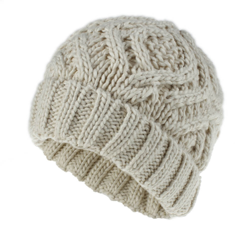 (Beige)Chapeau tricoté peluche femme hiver motif damier décoration bonnet chaud couleur unie