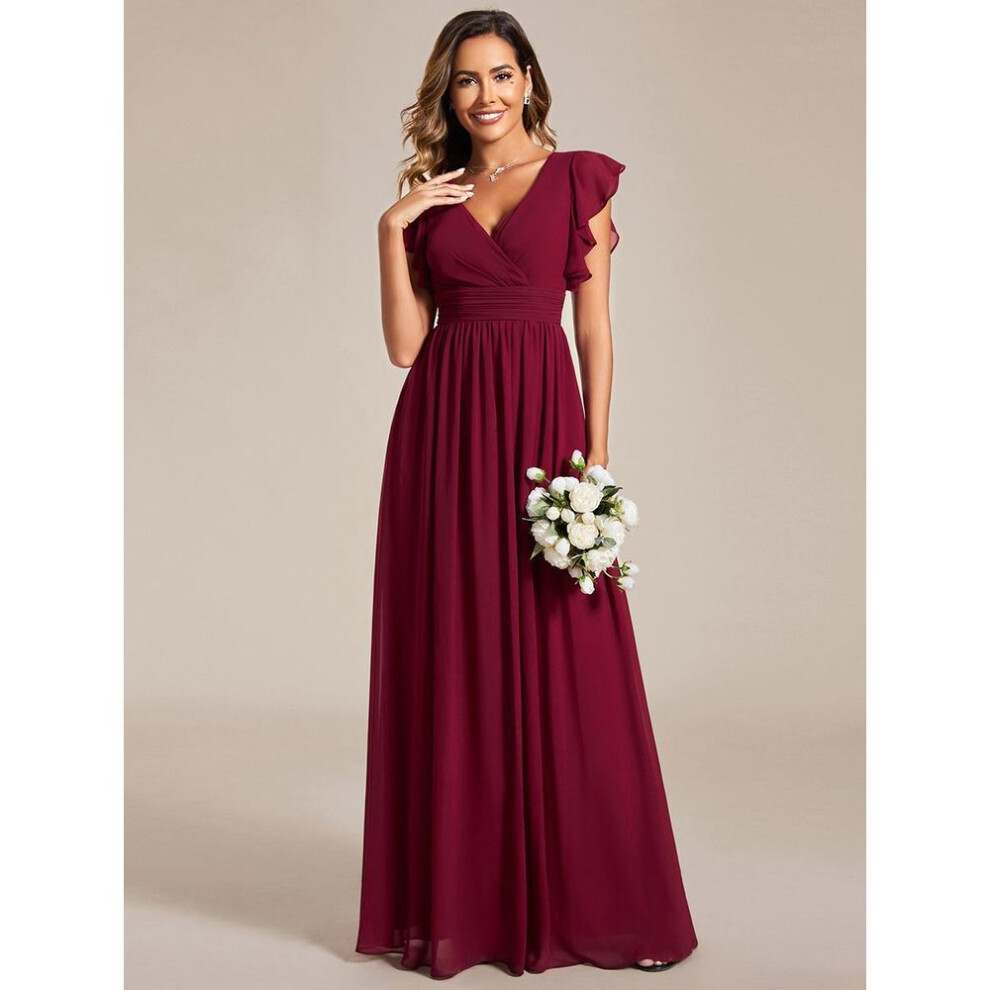 (burgundy, 3XL) Ever-pretty Women&apos;s A-line V Neck Pleated Belted Ruffles Sleeves Open Back High Waist Bridesmaid Dresses