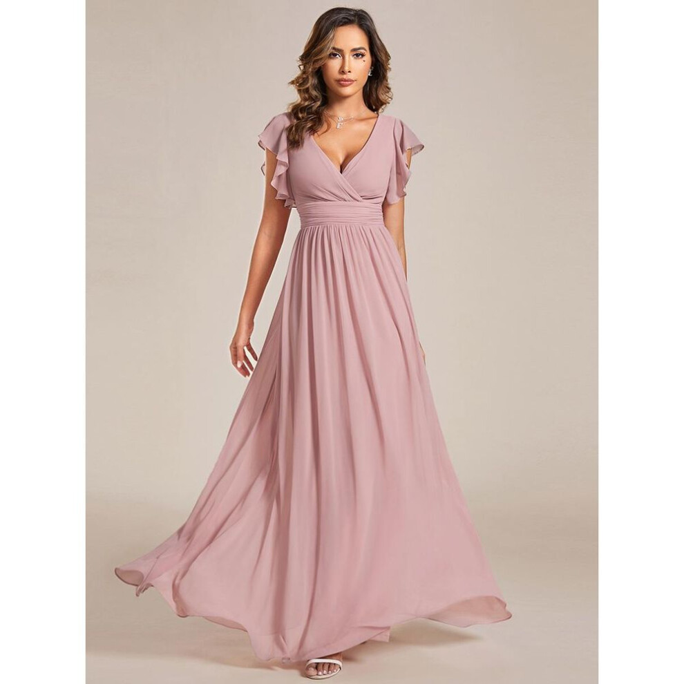 (misty rose, 3XL) Ever-pretty Women&apos;s A-line V Neck Pleated Belted Ruffles Sleeves Open Back High Waist Bridesmaid Dresses