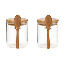 2pcs Sugar Bowl With Bamboo Lid And Spoon Clear Glass Canister Jar For Kitchen Storag