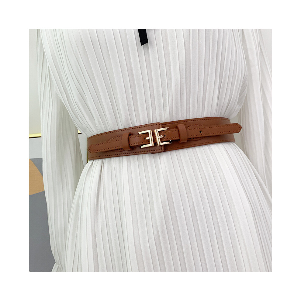 (Tan,60)Ceinture cintre femme chic taille élastique avec doubles boucles élégantes pour robes et manteaux en noir et marron classique