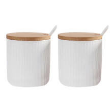 Don't Sugar Jar Ceramic, Porcelain Sugar Jar with Wooden Lid and Porcelain Spoon, Vintage Small Sugar Jar, White