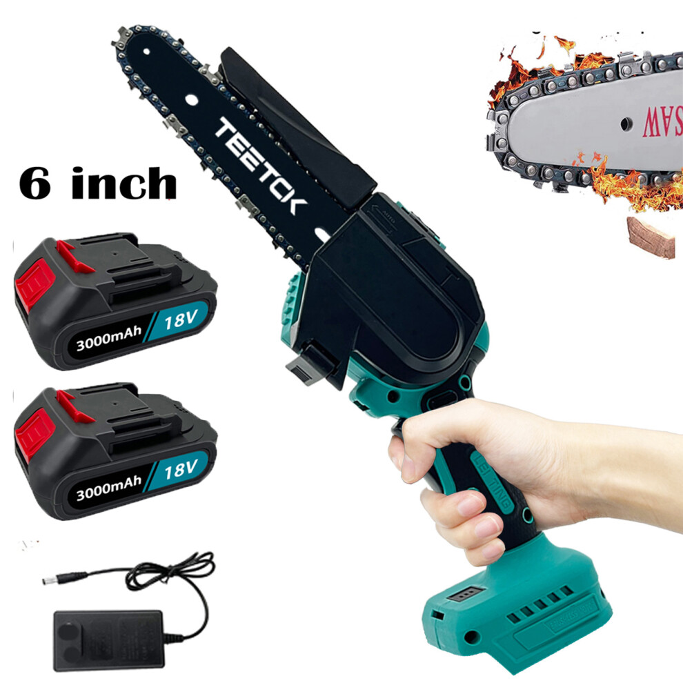 6" Mini Cordless Chainsaw Electric Saw Wood Cutter +2Batteries 3.0A+Charger-Makita Battery Compatible