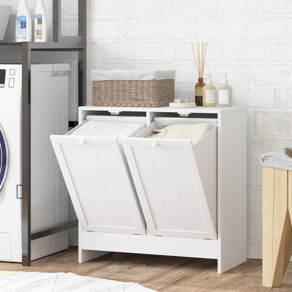 kleankin Tilt-out Laundry Storage Cabinet with 2 Compartment Hampers, White