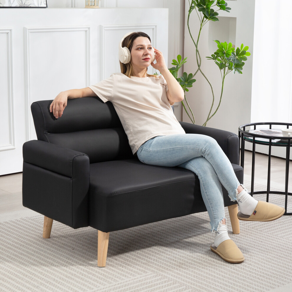 HOMCOM 2 Seater Sofa - Faux Leather Couch - Modern Settee with Wood Legs - Black - Image 4