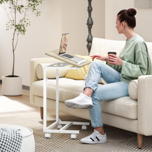 Homcom HOMCOM C-Shaped Sofa Side Table, Height Adjustable Overbed Table, Oak