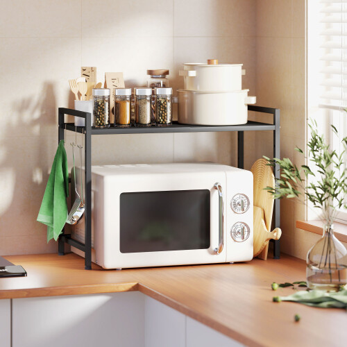 Homcom HOMCOM 2-Tier Expandable Microwave Oven Rack with 3 Hooks, Black