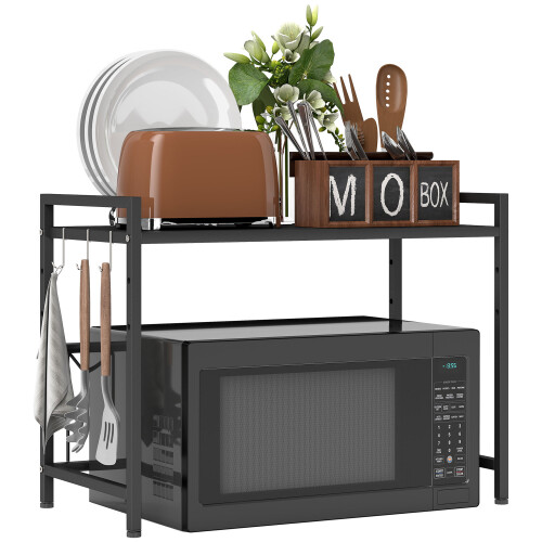 Homcom HOMCOM 2-Tier Expandable Microwave Oven Rack with 3 Hooks, Black 1