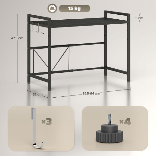 Homcom HOMCOM 2-Tier Expandable Microwave Oven Rack with 3 Hooks, Black 2