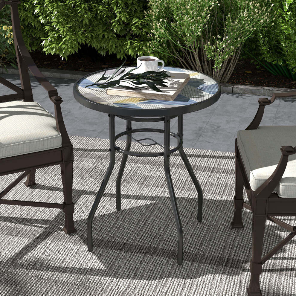 Outsunny Garden Table With Glass Printed Design For Outdoor, Multicolour