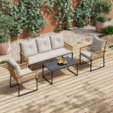 4-Piece Outdoor Rattan-Style Sofa Set with Cushions & Glass Coffee Table - Iron Frame, Durable & Elegant Patio Furniture