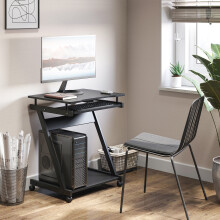 HOMCOM 836-293BK Movable Computer Desk with 4 Wheels (2 Lockable), Slide-Out Keyboard Tray, Bottom Shelf, Black