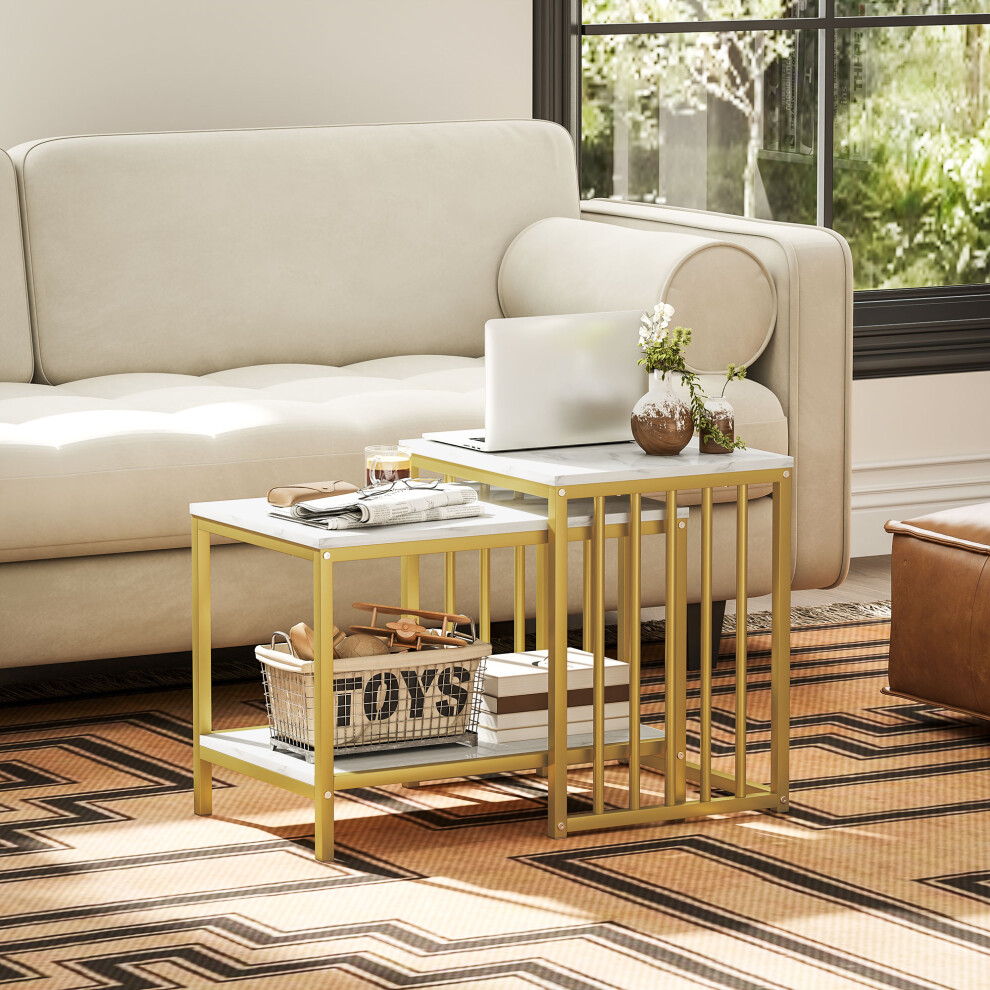 HOMCOM Coffee Table Set of 2 - Marble Effect Gold Tone Steel Frame - Modern Living Room Furniture - Image 3