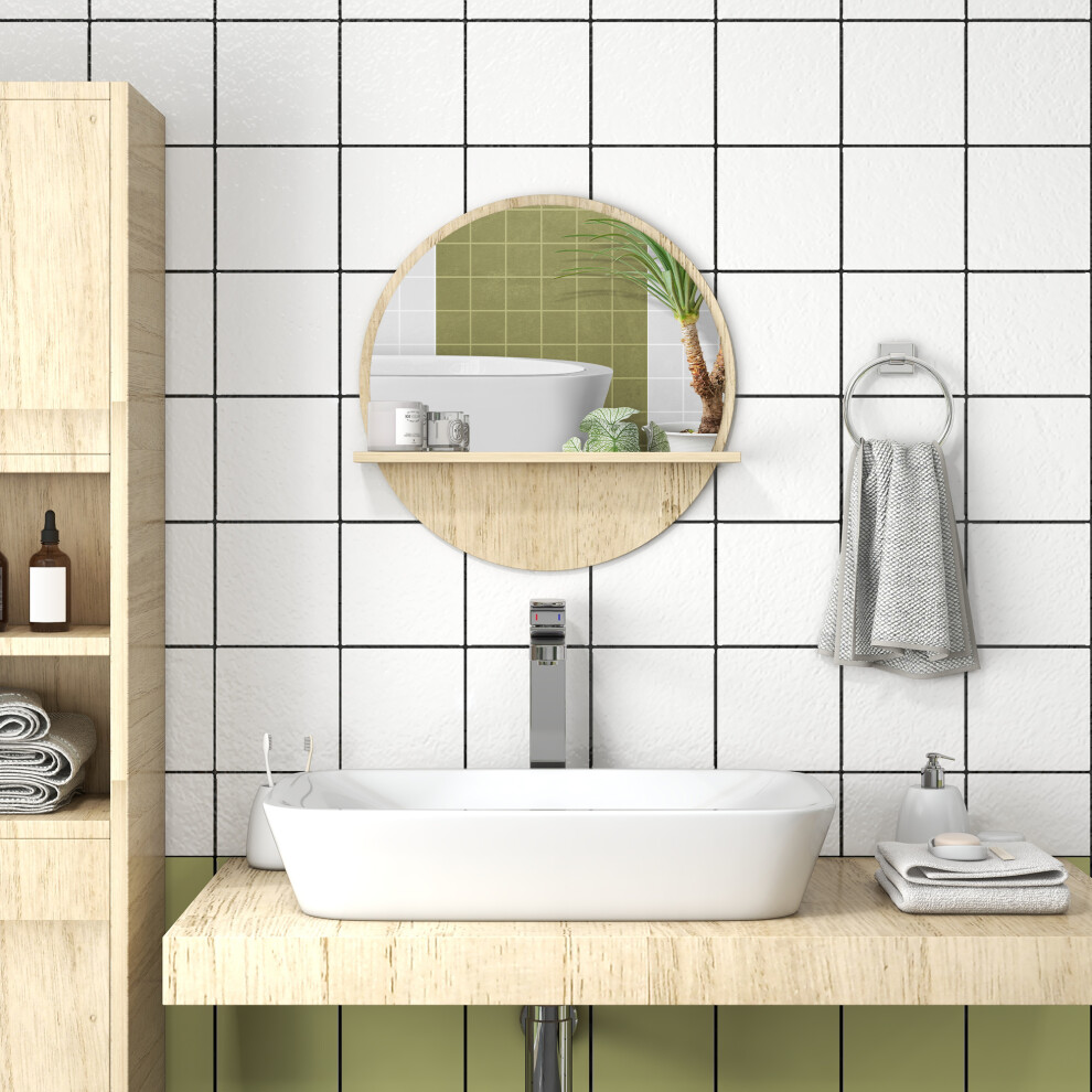 kleankin Round Mirror for Wall Makeup Mirror with Shelf Natural Wood Effect