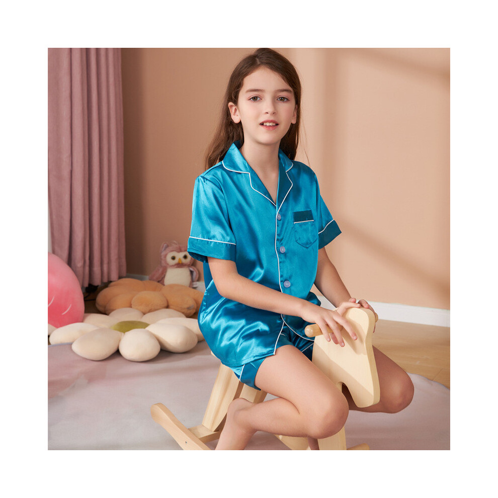(Blue,160 Child)Ensemble pyjama enfant manches courtes vêtement été matière polyester couleur unie