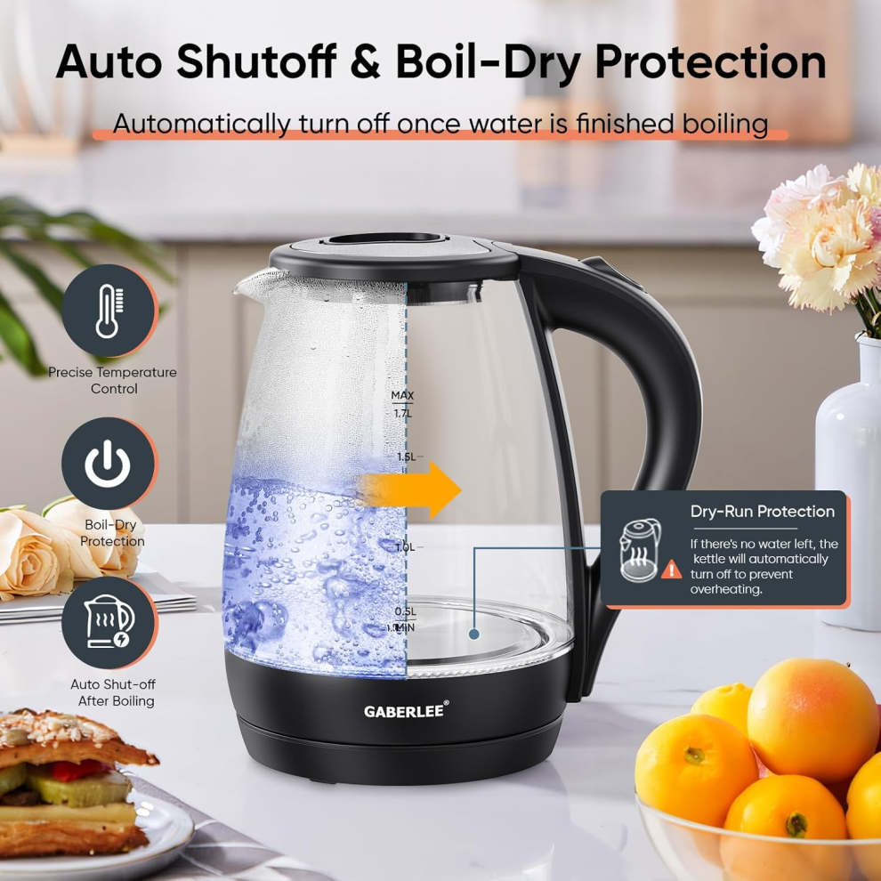 Electric Kettle, 1.7L, 2200W, Fast Boil Quiet Glass Kettle with Blue LED,-image-OPC-PGZSHY6-NEW