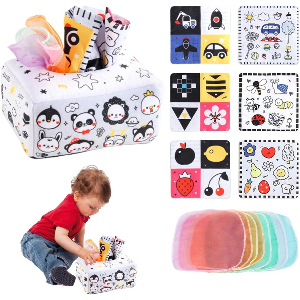 ( And Animals) Tissue Box Pull Toy | Soft Crinkle Toys | Sensory Square Tissue Box, Early Learning Stuffed Toy For Babies Black/White
