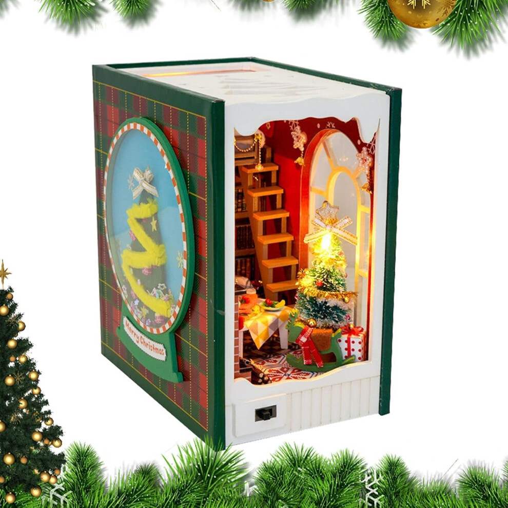 Bookcase Miniature Scenes Bookcase Insert Miniature House with LED Lights Creative Insert Decor Wooden Bookends Miniature Set with Light