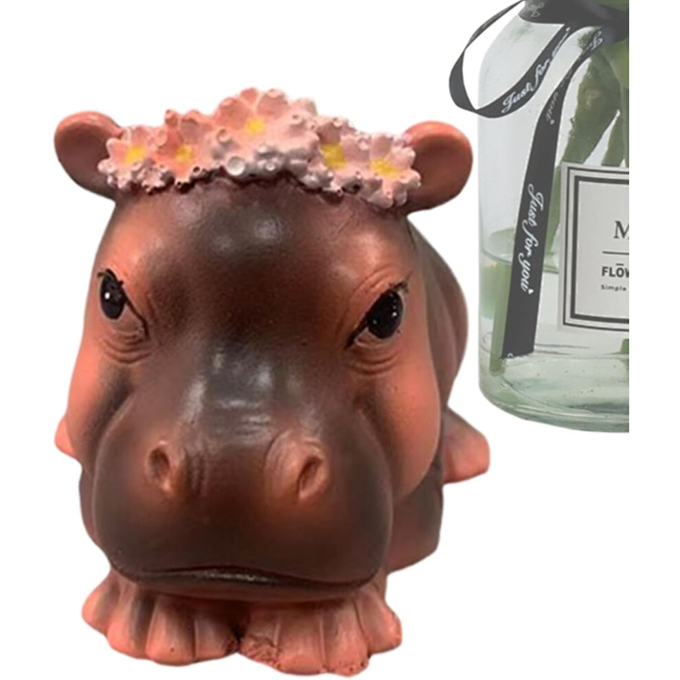 (Lying Down) Animal Figurine | Realistic Hippo with Garland Statue Toy | Home Collectibles Art Educational Toy, 6Cm/2.4 Inches Animal Table Ornament for TV Stand