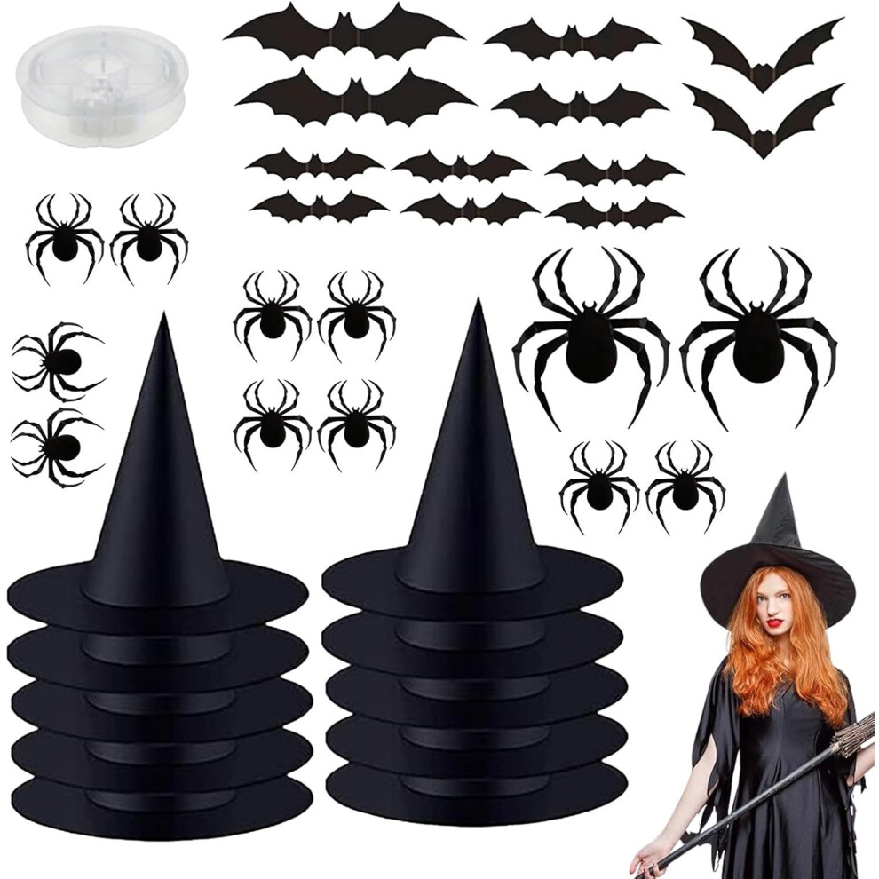 (L) Witch Hats,Black Hangable Witch Hat with 164ft Cord - Witch Costume Accessories with Stickers, Costume Accessory Decorations for Home Yard Porch