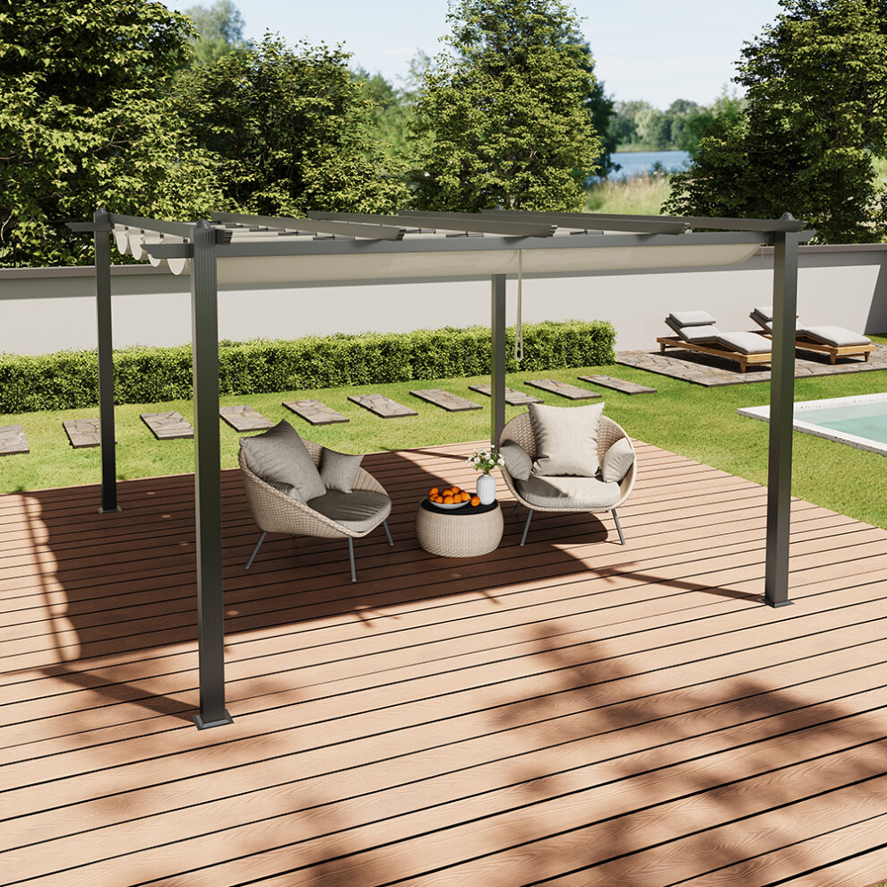 13x13ft Aluminium Pergola with Retractable Roof, Beige+White