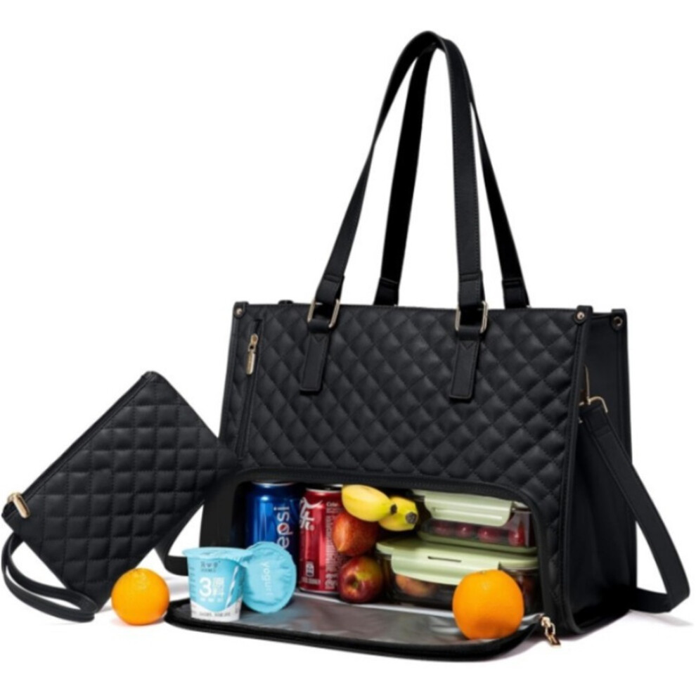 (Black) Lunch Tote Bag For Women, 15.6 Inch Laptop Bag With Insulated Lunch Compartment Black