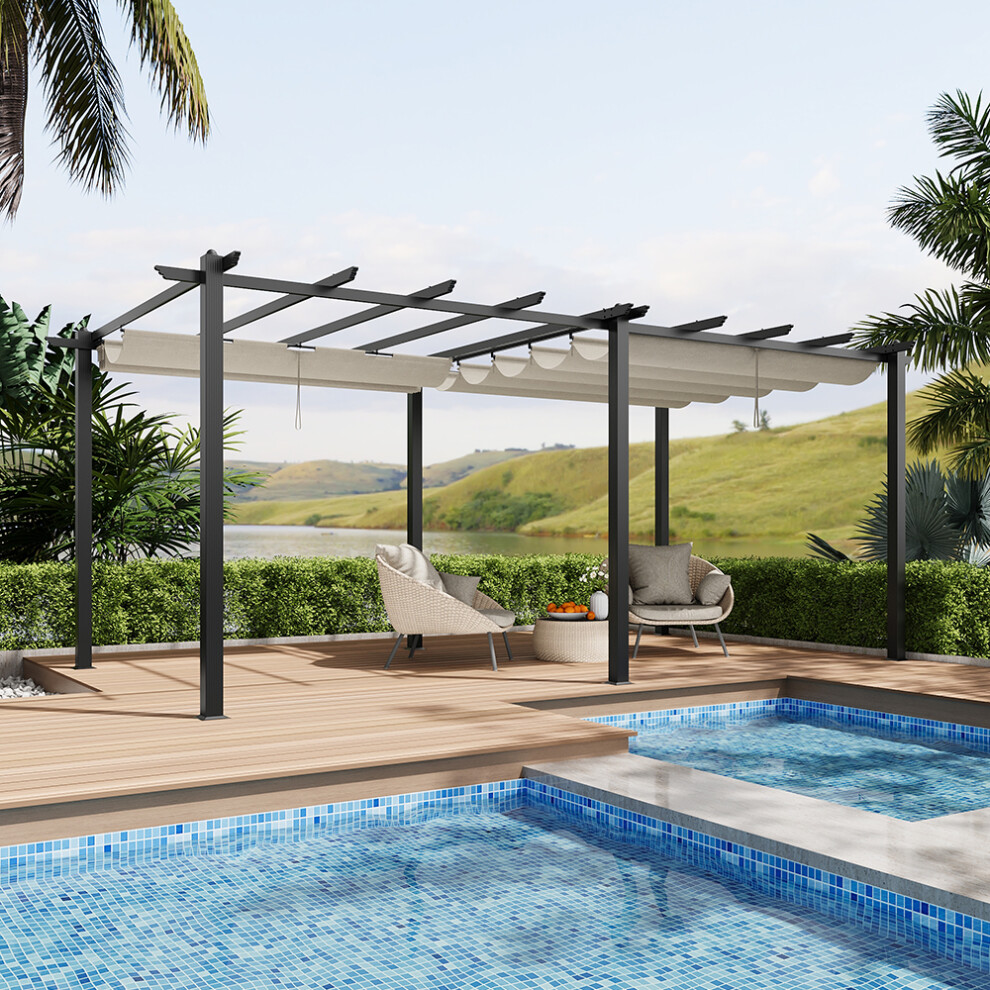 10x20ft Aluminium Pergola with Retractable Roof, Beige-White