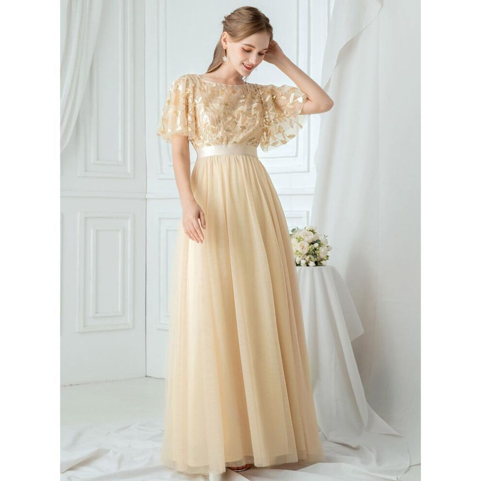 (champagne, M) Ever-pretty Sequin Print Floor-length Waist Embroidery Evening Prom Dress With Ruffle Sleeves
