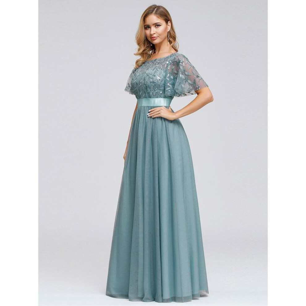 (mint, L) Ever-pretty Sequin Print Floor-length Waist Embroidery Evening Prom Dress With Ruffle Sleeves
