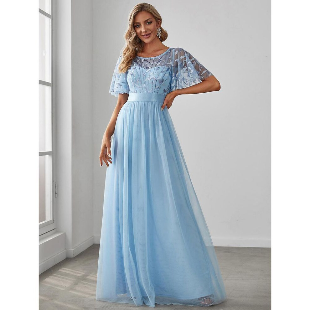 (sky blue, XL) Ever-pretty Sequin Print Floor-length Waist Embroidery Evening Prom Dress With Ruffle Sleeves