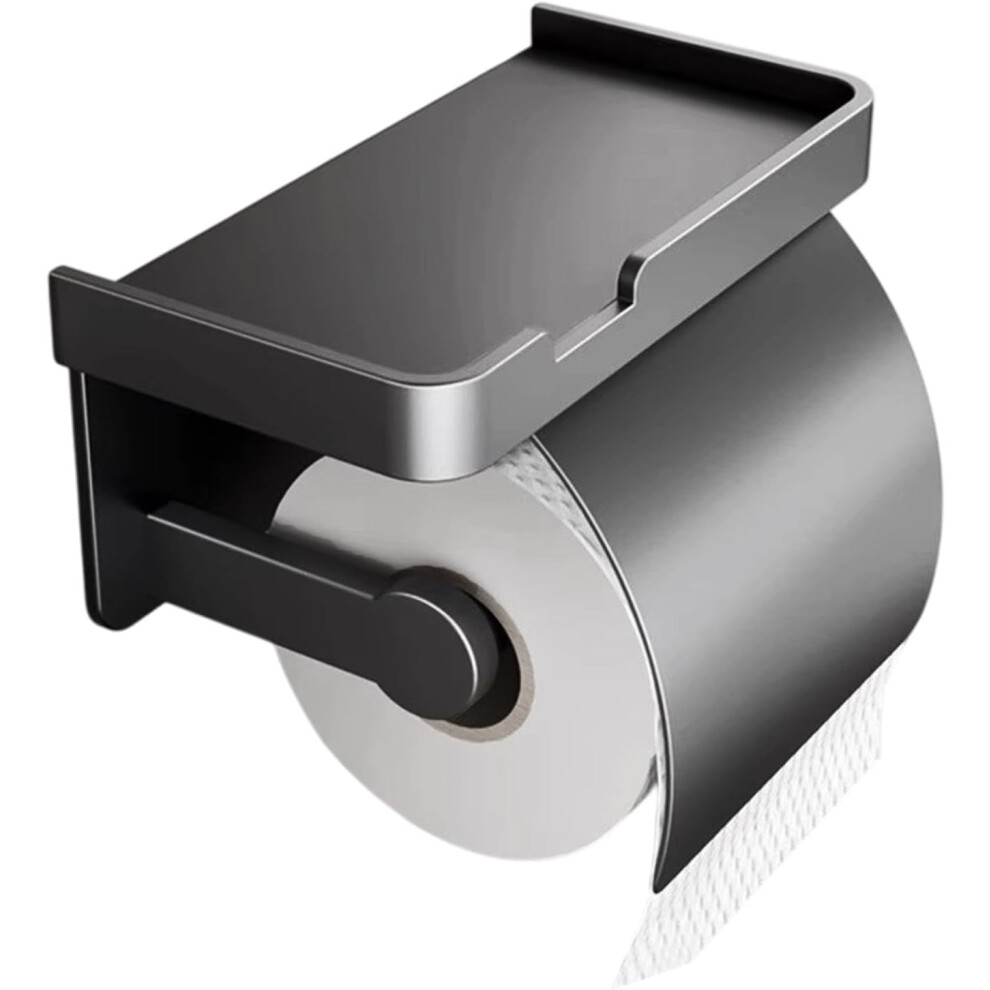 (Black) Metal Toilet Roll Holder, Wall Mount, Toilet Paper Holder with Shelf, Toilet Paper Holder Self-Adhesive, Rustproof Toilet Paper Dispenser for Bathroom