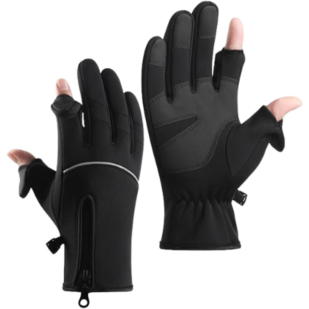 (M, Black) Warm Cycling Gloves, 2-Fingerless Touchscreen Ski Gloves, Anti-Slip Work Gloves for Men, Waterproof Cold Weather Gloves for Skiing Hiking Cycling